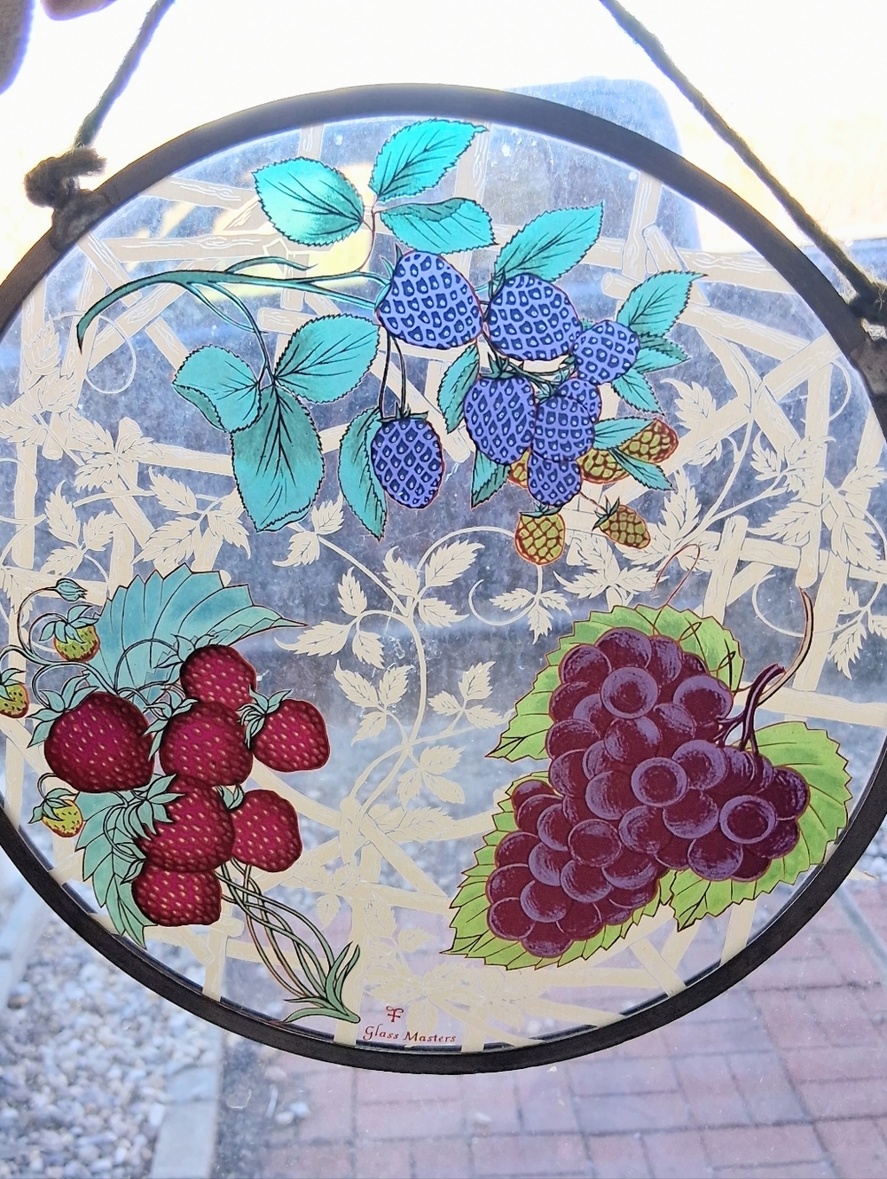 Glassmasters Vintage 8.5" Enameled Stained Glass Berries and Grapes Suncatcher